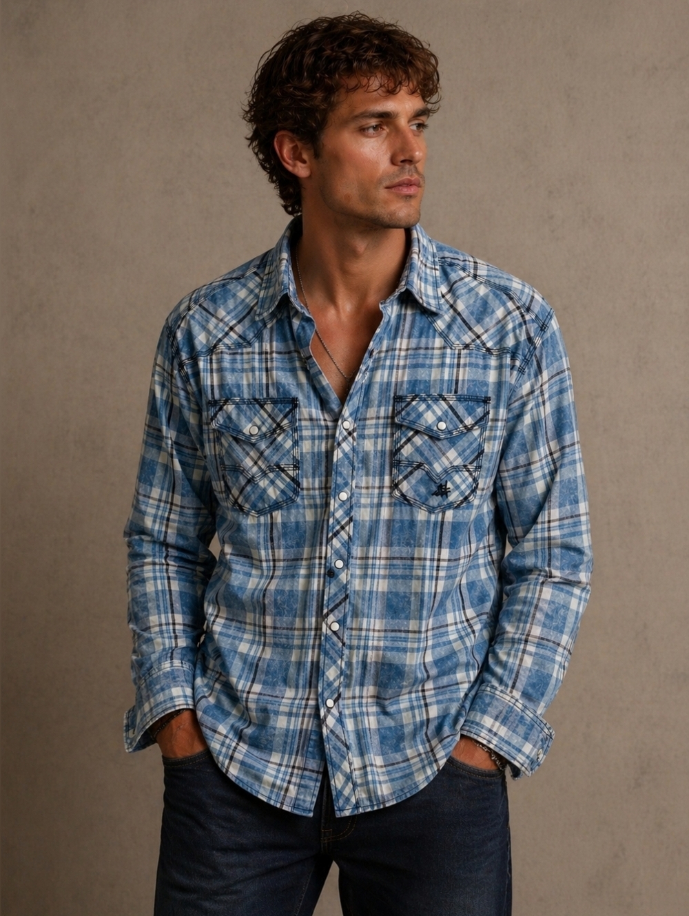 Blue Plaid Casual Button-Down Shirt